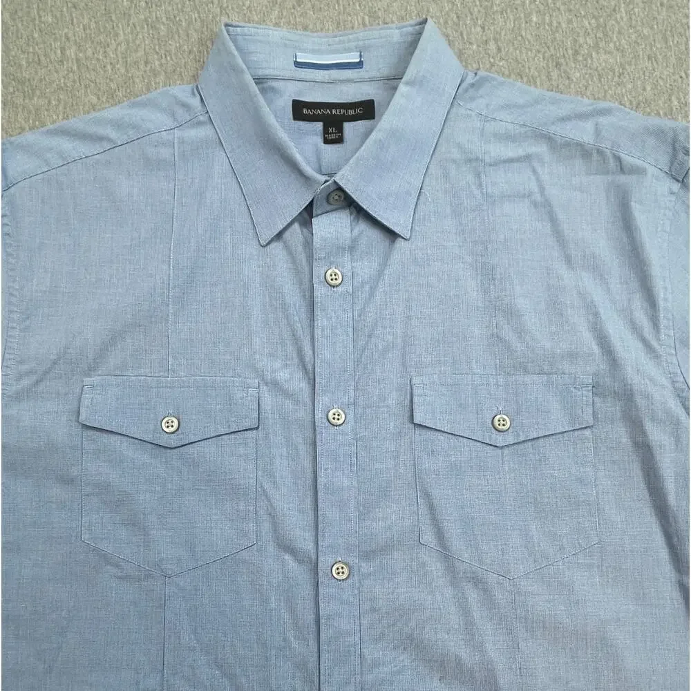Banana Republic‎ Shirt Mens XL Blue Cotton Blend Stretch Short Sleeve Button Up